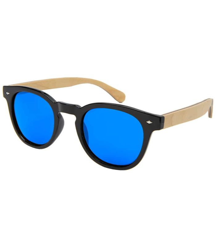 Gafas de sol Ocean Illinois Black Blue, montura negra y madera con lentes polarizadas azul espejo.