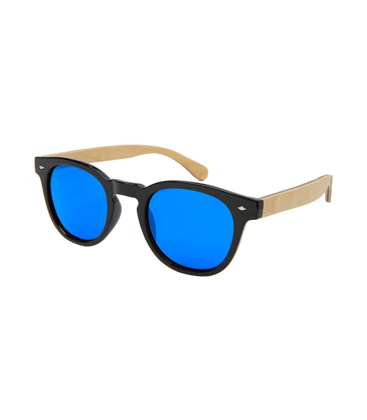 Gafas de sol Ocean Illinois Black Blue, montura negra y madera con lentes polarizadas azul espejo.