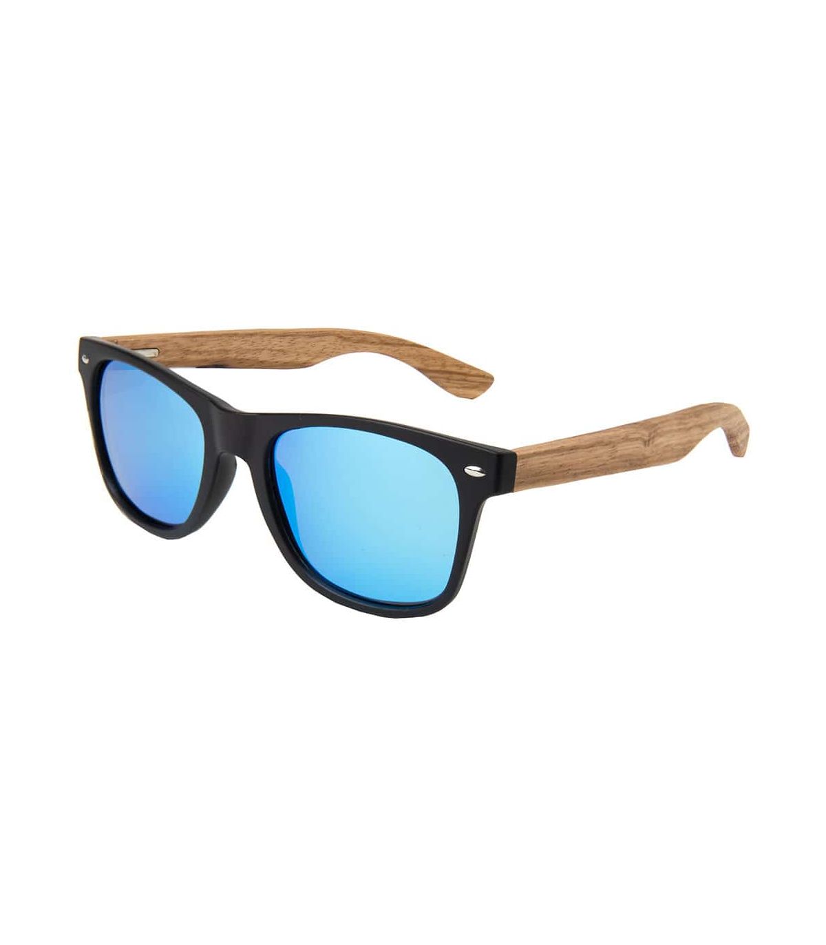Gafas de sol Ocean Beach Wood Black Blue de madera negra y bambú con lentes polarizadas azul espejo.