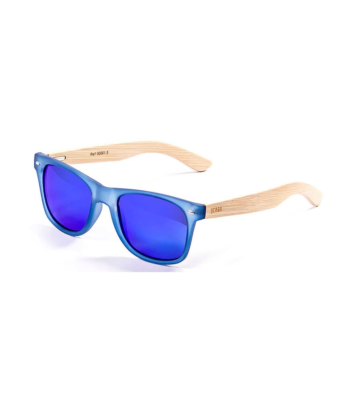 Gafas de sol Ocean Beach Wood Blue con montura azul efecto madera, patillas de bambú y lentes polarizadas UV.