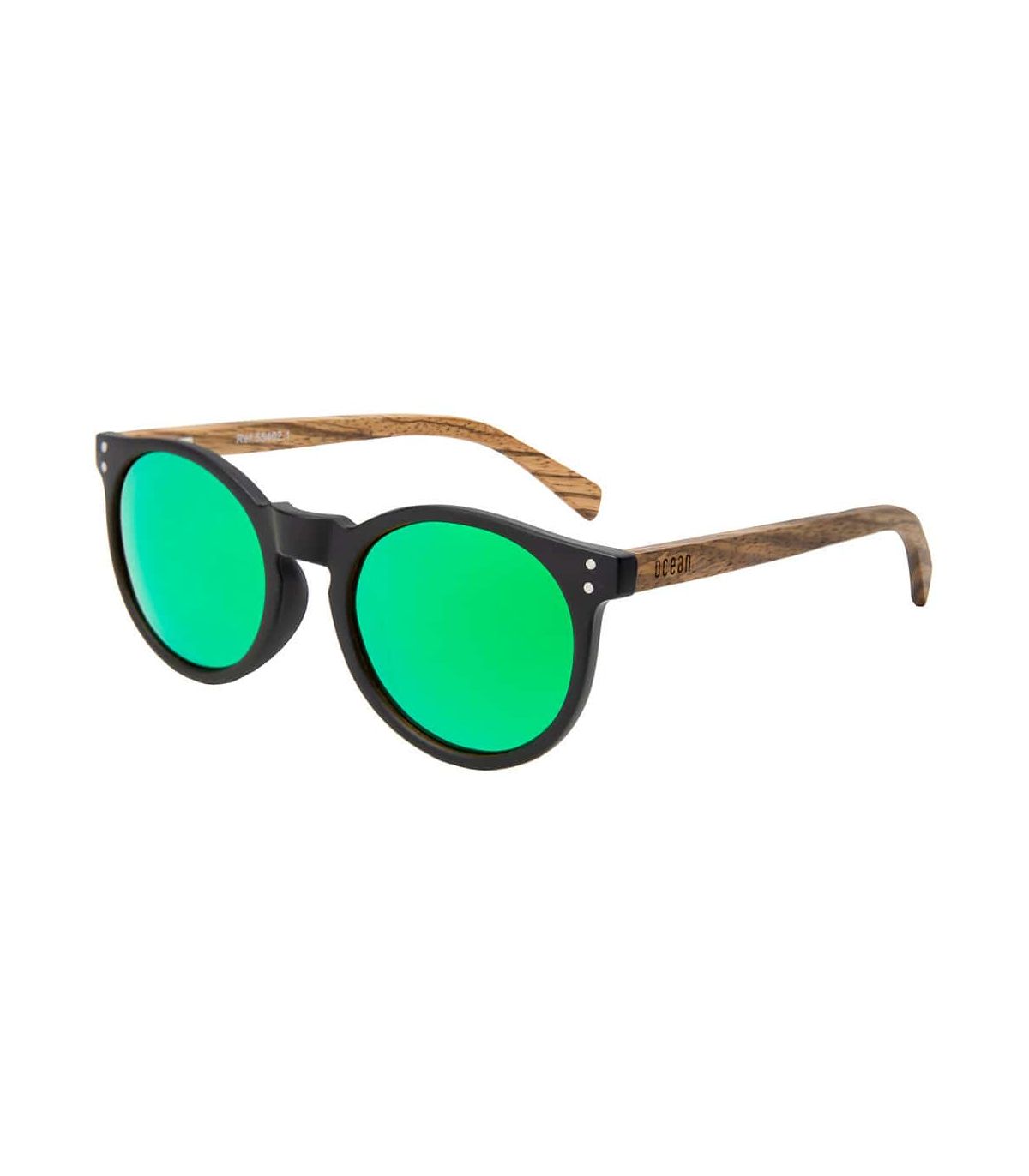 Gafas de sol Ocean Lizard de bambú con lentes polarizadas verde espejo y montura negra y marrón.