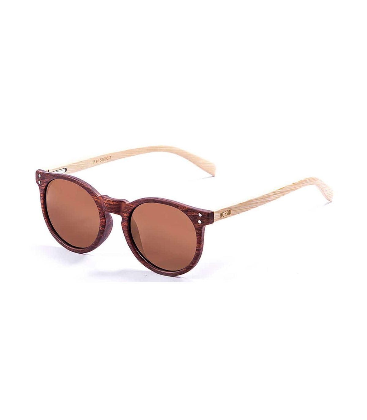 Gafas de sol Ocean Lizard Wood Brown con montura marrón mate, varillas de bambú natural y lentes marrones polarizadas.