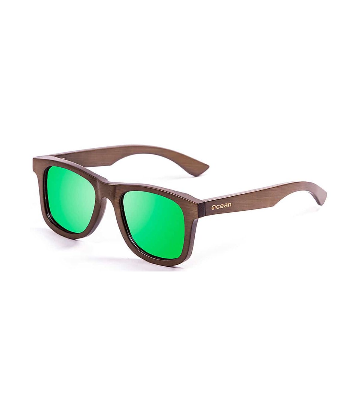 Gafas de sol Ocean Victoria Green de bambú marrón con lentes polarizadas verde espejo y protección UV.