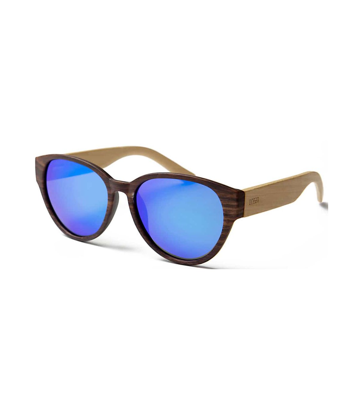 Gafas de sol Ocean Cool Dark Brown Blue, montura de madera marrón oscuro y lentes azul espejo.