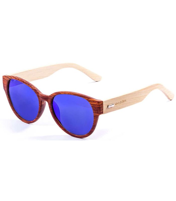 Gafas de sol de bambú Ocean Cool Brown Blue con lentes polarizadas azul espejo y protección UV.