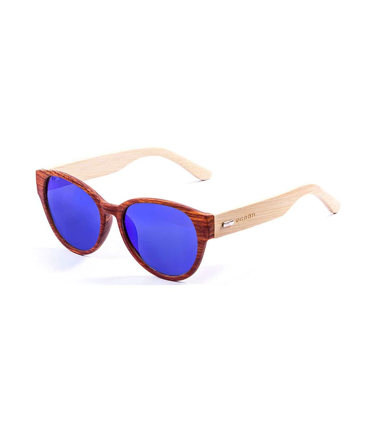 Gafas de sol de bambú Ocean Cool Brown Blue con lentes polarizadas azul espejo y protección UV.