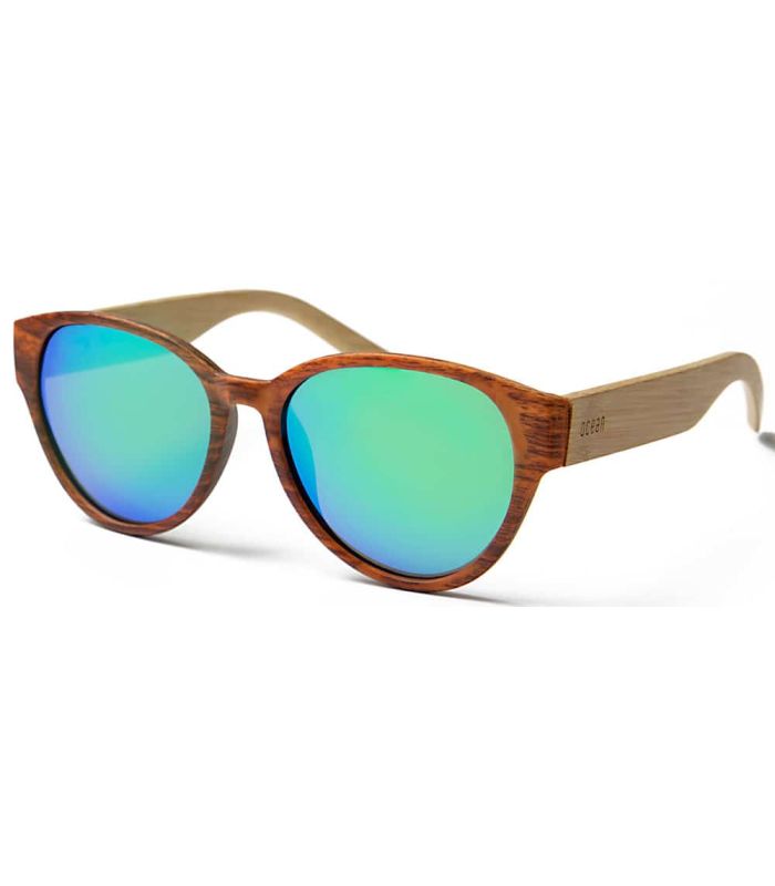 Gafas de sol de bambú Ocean Cool Brown Green con montura marrón y lentes polarizadas de espejo azul UV100%.