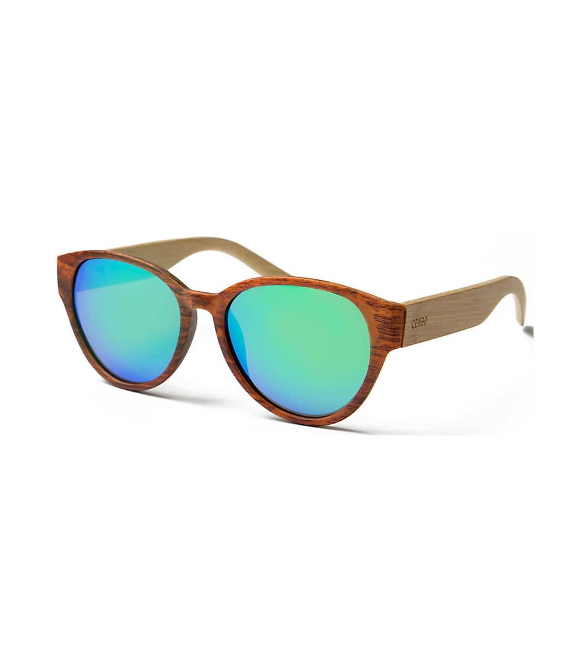 Gafas de sol de bambú Ocean Cool Brown Green con montura marrón y lentes polarizadas de espejo azul UV100%.