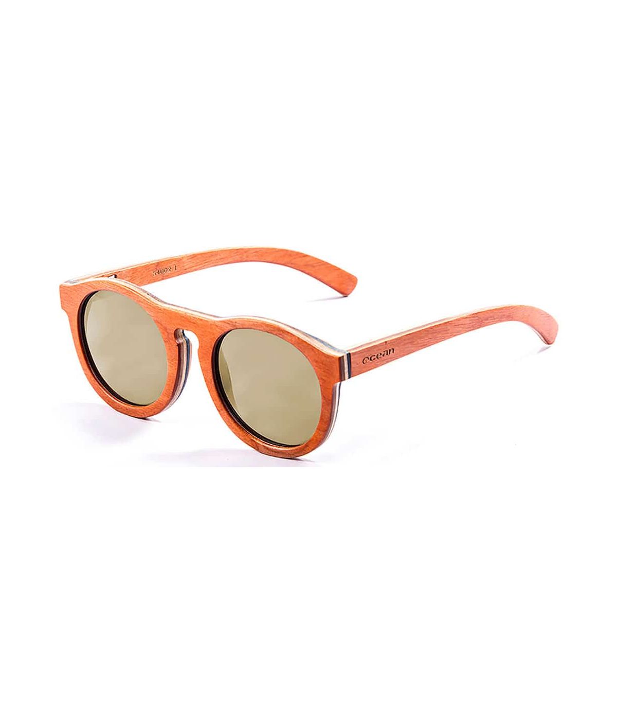 Gafas de sol Ocean Fiji Orange: montura de bambú naranja, lentes polarizadas espejo amarillo y protección UV100%.