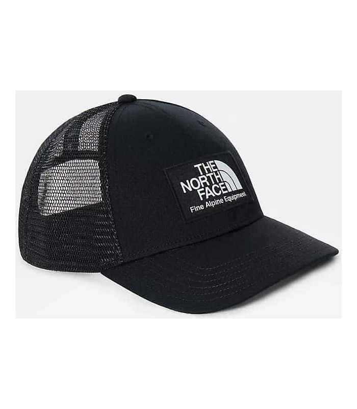 Gorra The North Face Mudder Trucker negra con rejilla transpirable y tecnología FlashDry para senderismo y deporte.