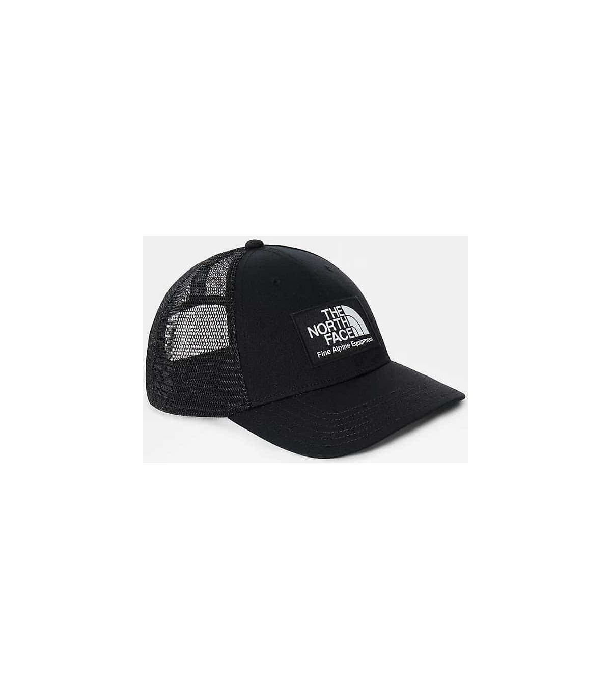 Gorra The North Face Mudder Trucker negra con rejilla transpirable y tecnología FlashDry para senderismo y deporte.