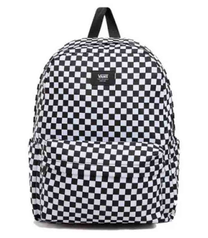 Mochila urbana Vans Old Skool Check con estampado de cuadros, compartimento para portátil y diseño sostenible.
