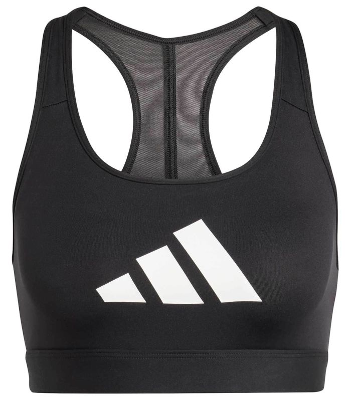 Sujetador deportivo Adidas Powerreact negro con logo gráfico, ajuste de compresión para mujer y alto impacto.