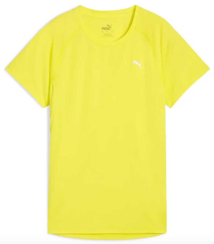 Camiseta Puma Velocity running mujer amarilla, tejido técnico dryCELL reciclado y transpirable para corredoras.