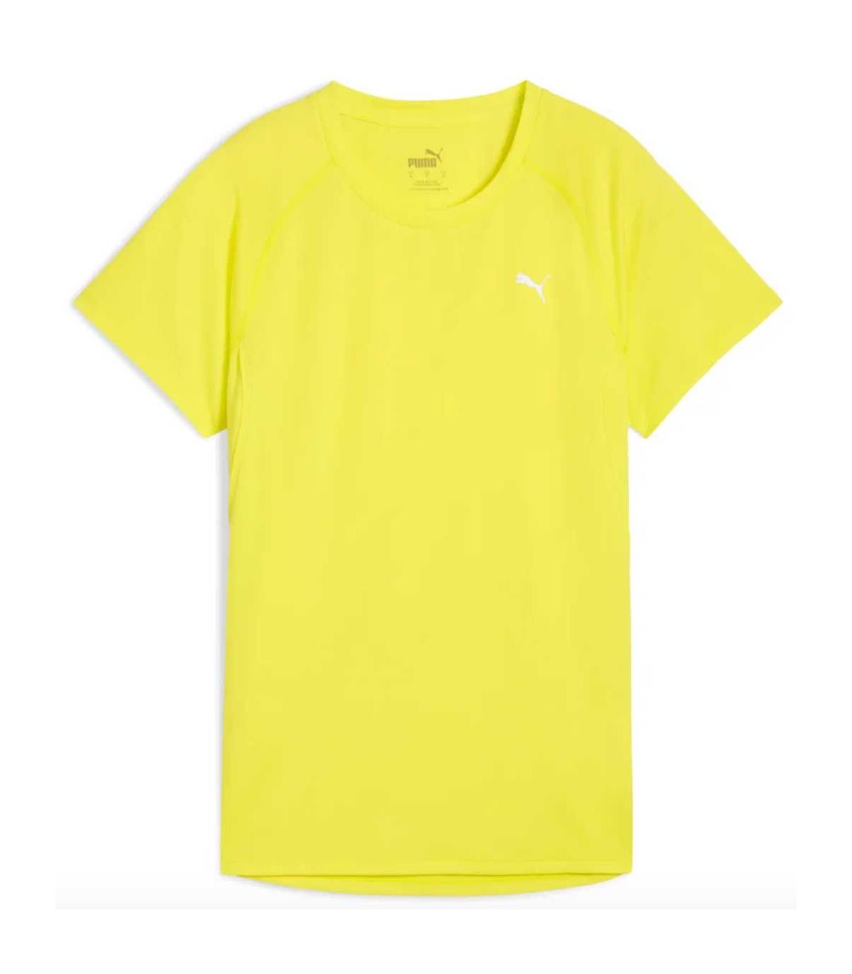 Camiseta Puma Velocity running mujer amarilla, tejido técnico dryCELL reciclado y transpirable para corredoras.