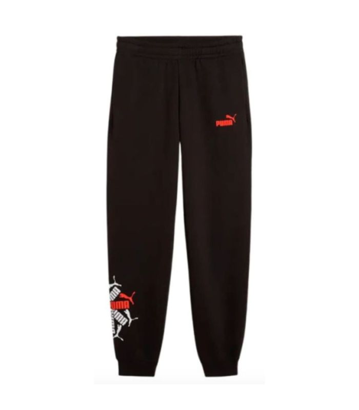 Pantalón deportivo negro para niño Puma Ess Logo Lab Brand con cintura elástica y puños acanalados.