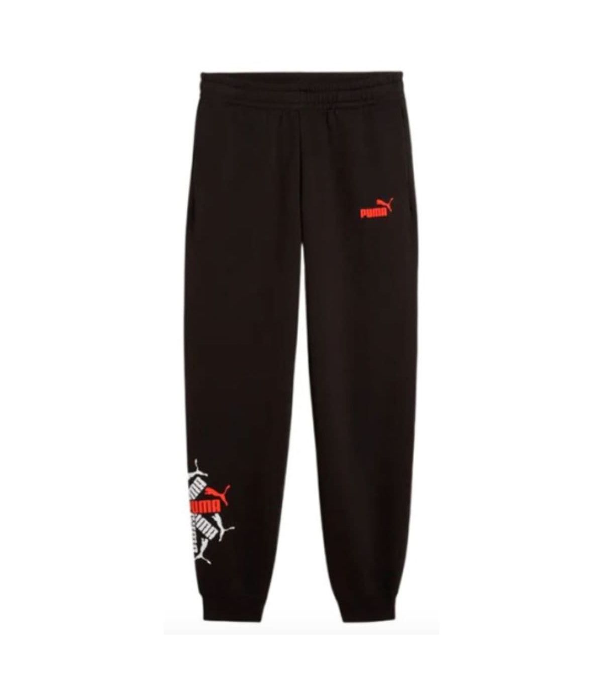 Pantalón deportivo negro para niño Puma Ess Logo Lab Brand con cintura elástica y puños acanalados.